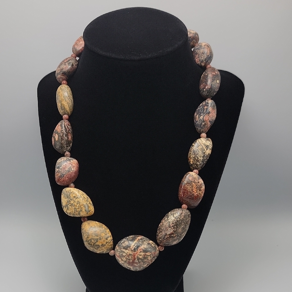 Elegant Multicolor Leopard Skin Jasper VTG 16" Choker Beaded Ryolite Necklace